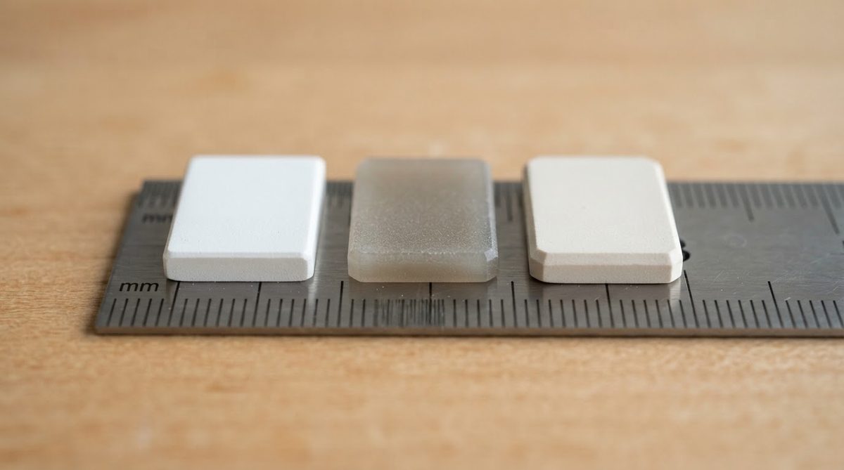 Beryllia, aluminum nitride, and alumina ceramic substrate samples compared side by side