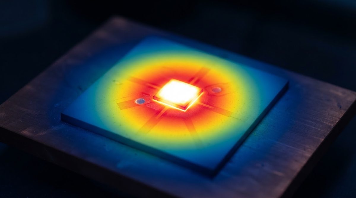 Infrared thermal image showing heat spreading through a ceramic substrate under a power transistor