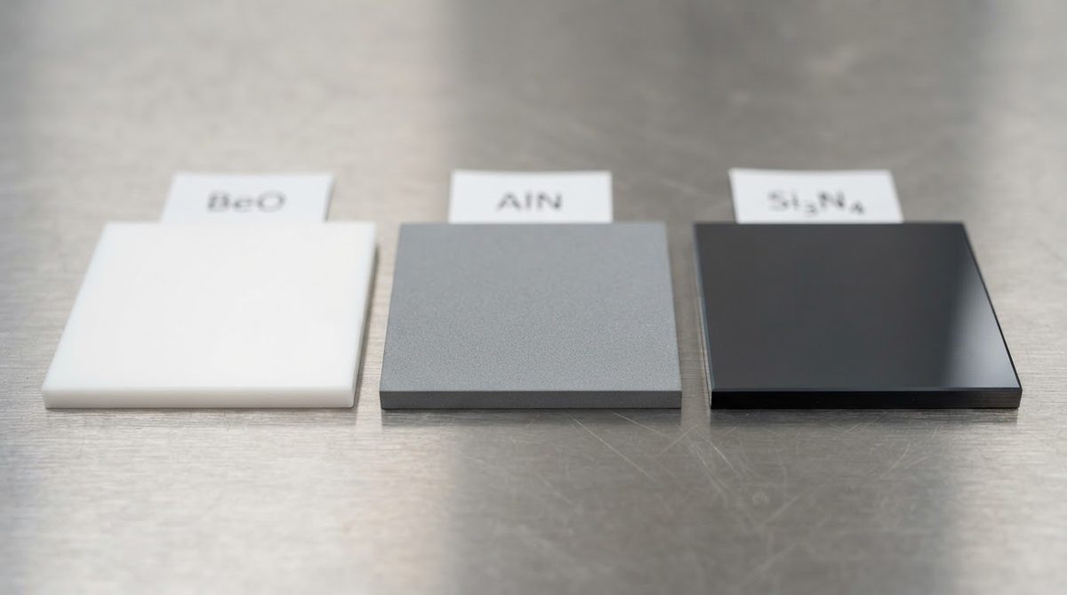 Three ceramic substrates compared side by side: white BeO, gray AlN, and dark Si₃N₄