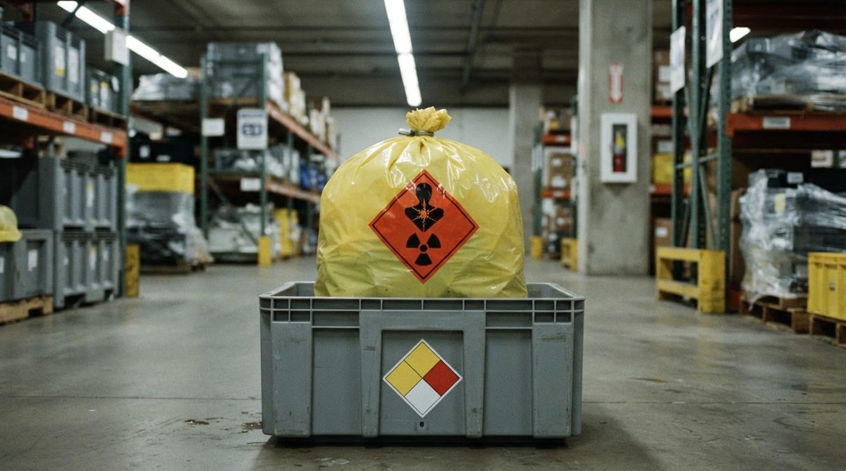 Sealed hazardous-waste bag with beryllium warning label in a containment bin