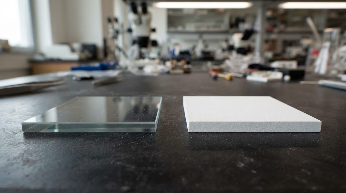 Borosilicate glass substrate beside a white alumina substrate for visual comparison