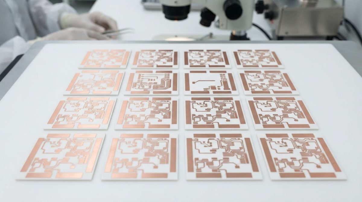 Finished DBC ceramic substrates with copper traces on an inspection table