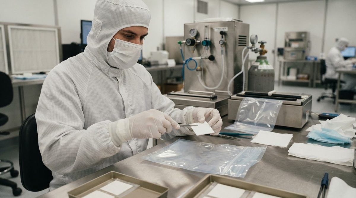 Engineer opening nitrogen-purged packaging containing bare AlN substrates