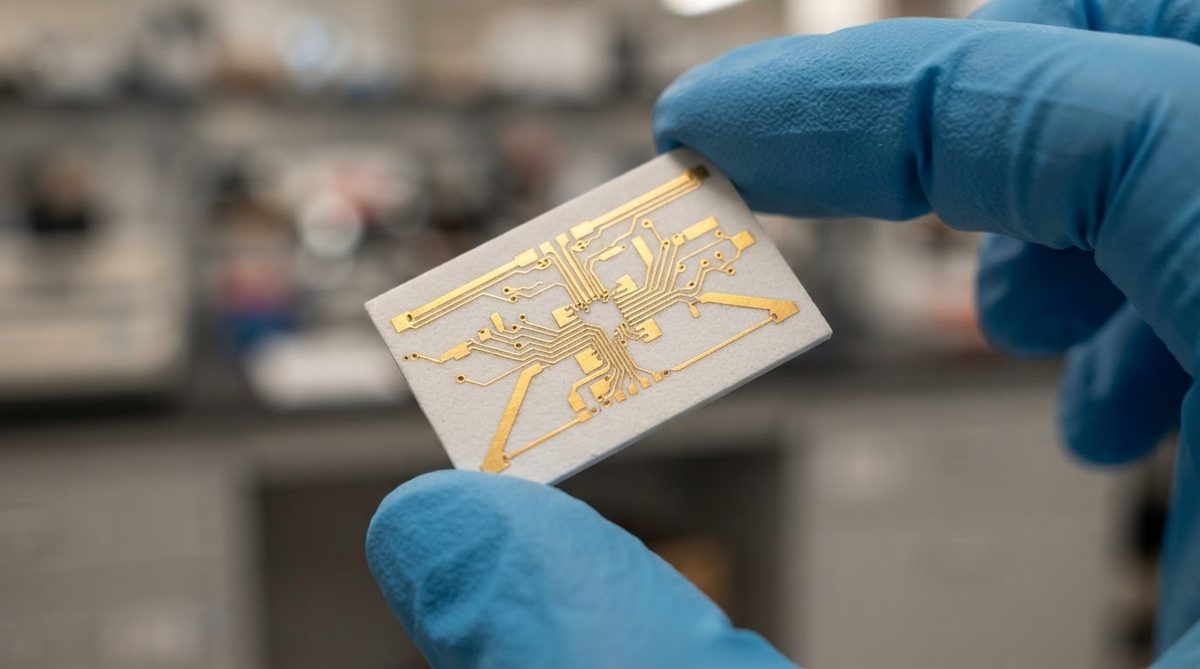 Metallized alumina substrate with thin-film gold traces held by gloved fingers