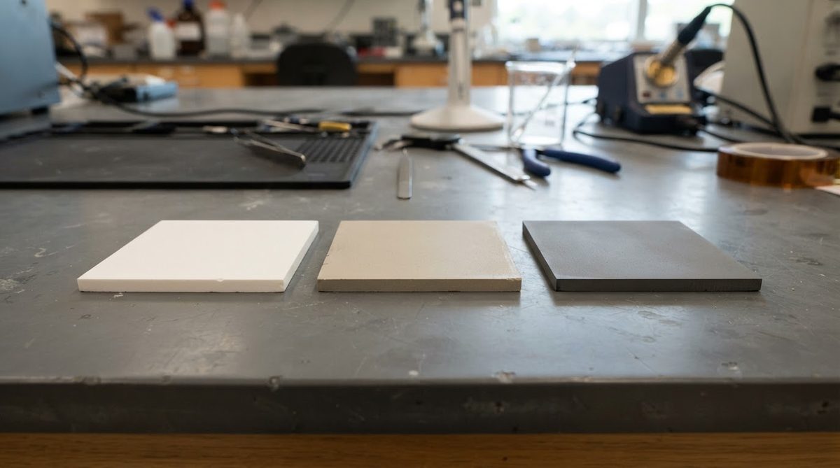 Three ceramic substrates compared side by side: alumina, aluminum nitride, and silicon nitride