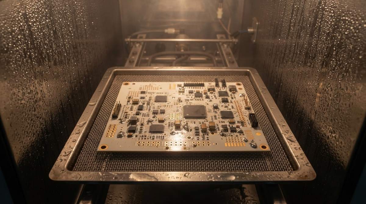Ceramic PCB panel inside a vapor-phase reflow oven during processing