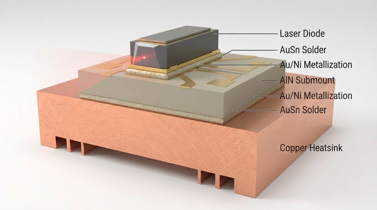 Cross-section of a laser diode soldered to an AlN ceramic submount on a copper heatsink