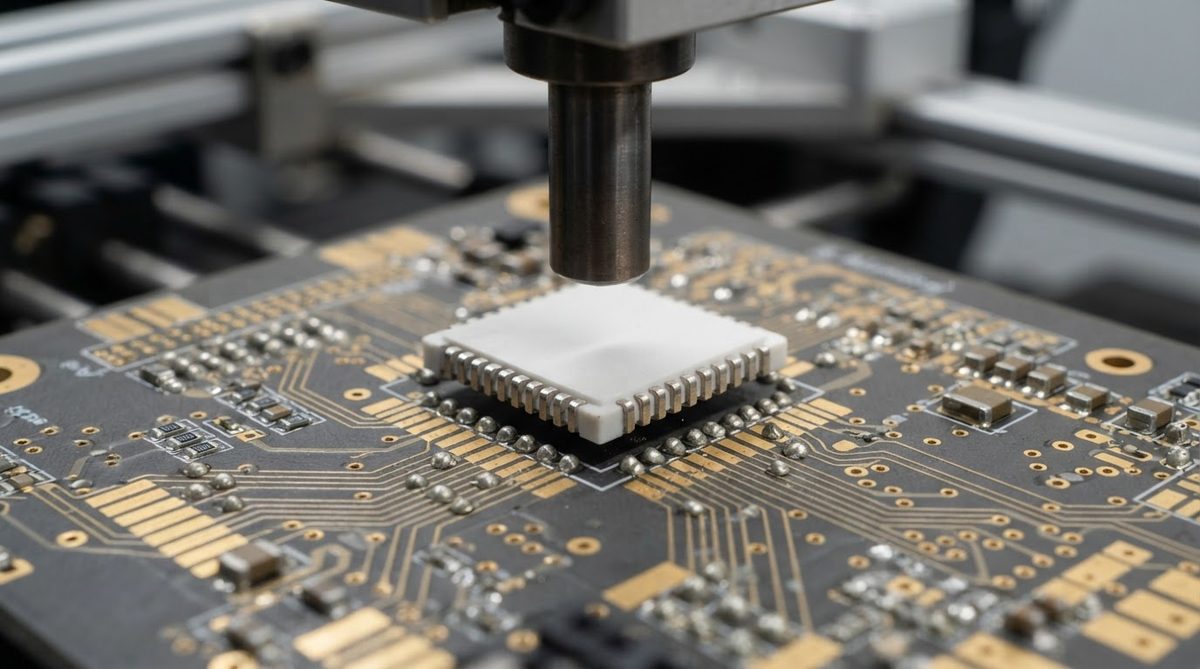 Leadless ceramic chip carrier held by pick-and-place nozzle above a PCB