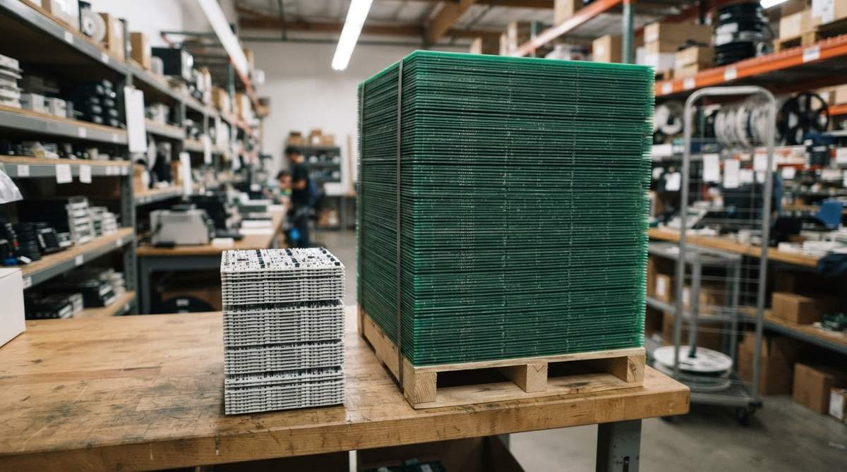 Small stack of alumina ceramic boards beside a tall stack of FR-4 panels showing volume contrast
