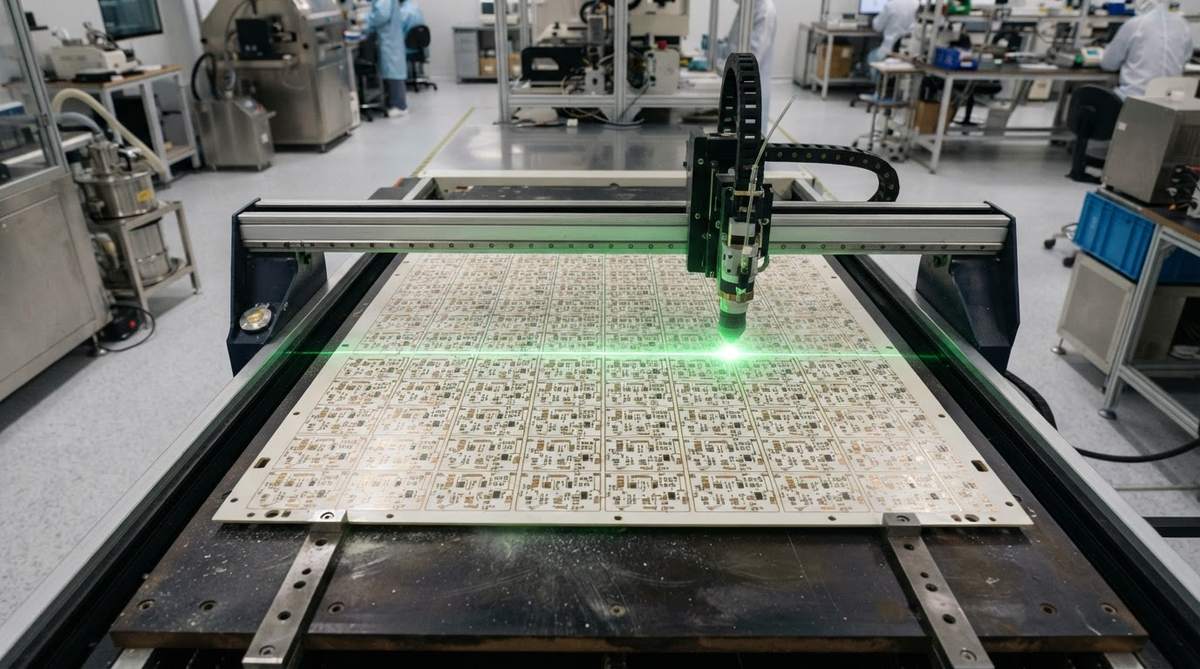 Ceramic PCB panel during laser singulation in a factory clean room