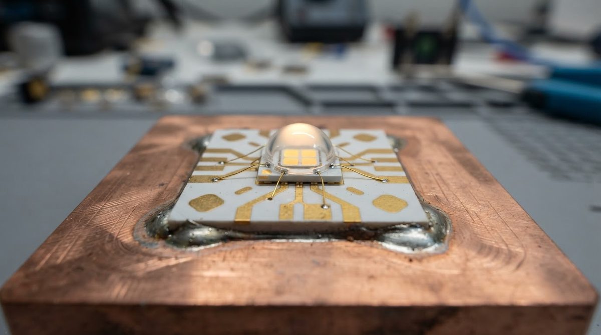 High-power LED on ceramic substrate soldered directly to a copper heat spreader