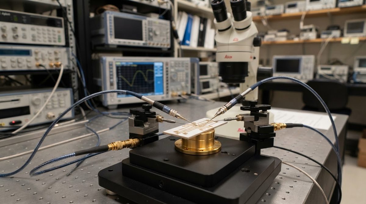 Vector network analyzer probing a ceramic microstrip test board for dielectric measurement