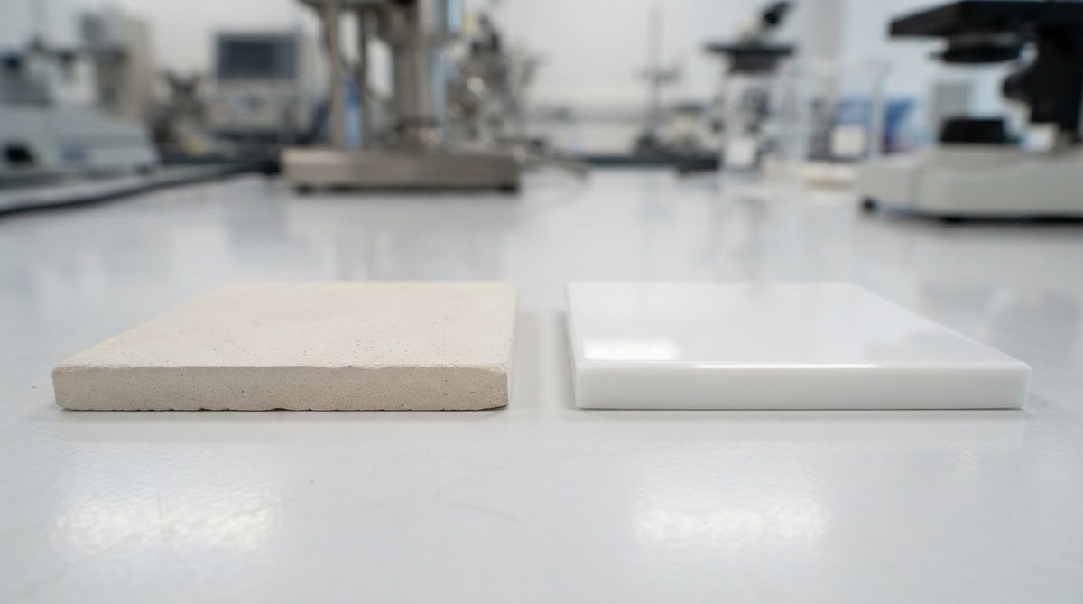 Unfired green body next to a fully sintered alumina ceramic substrate