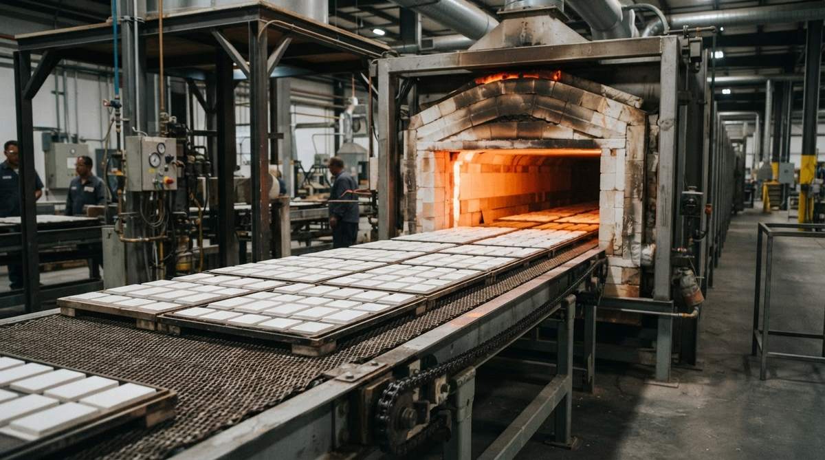 Tunnel kiln conveyor carrying ceramic substrates into the firing zone