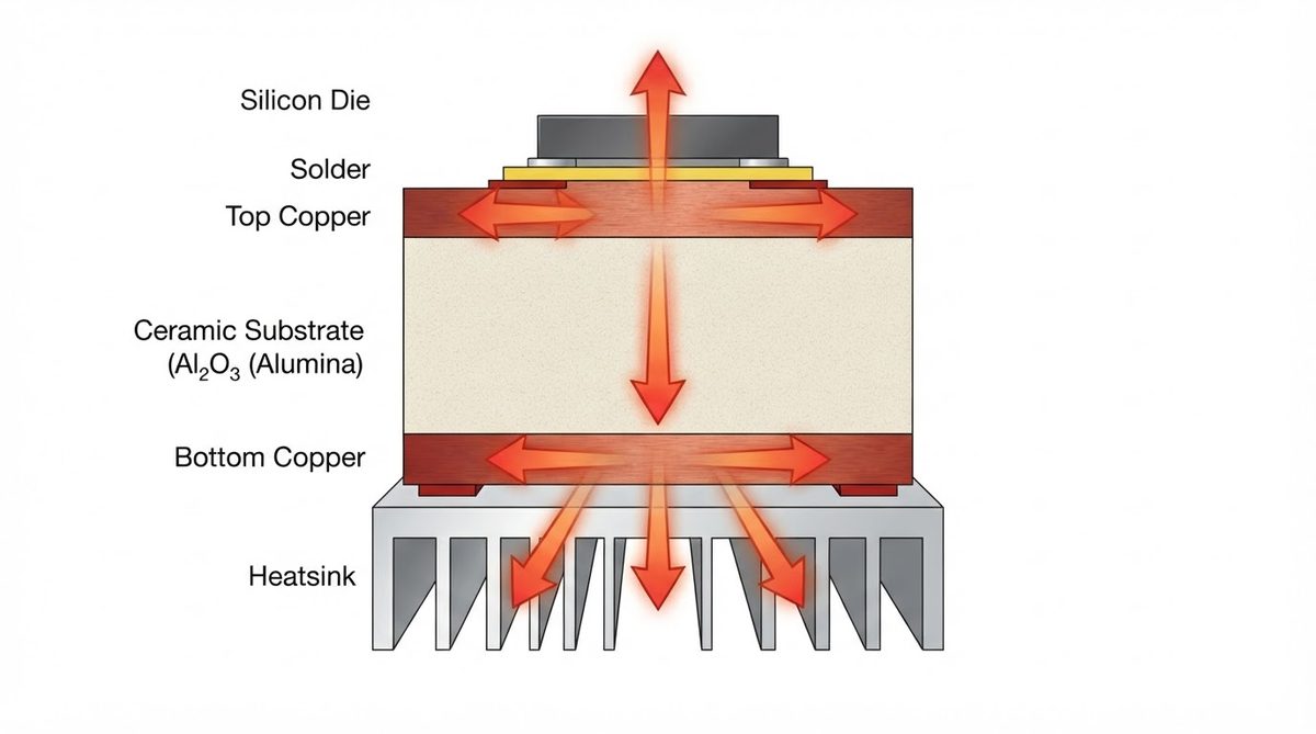 Cross-section of a ceramic heat spreader stack-up showing thermal path from die to heatsink