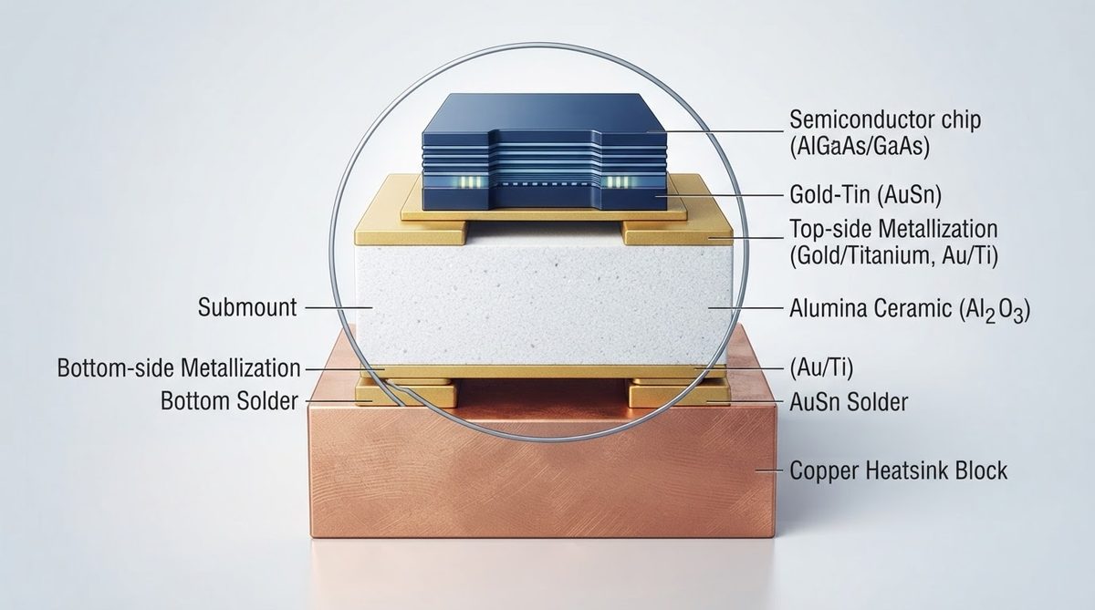 Cross-section diagram of a laser diode mounted on a ceramic heatsink submount