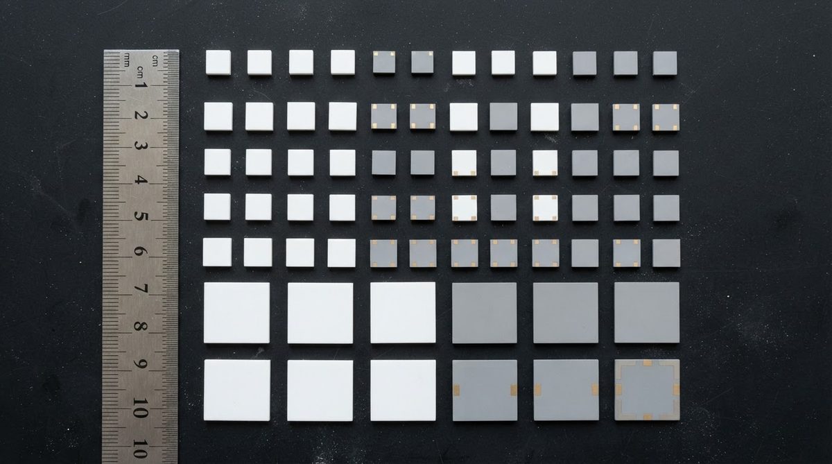 Assorted alumina and AlN ceramic submounts in various sizes with ruler for scale