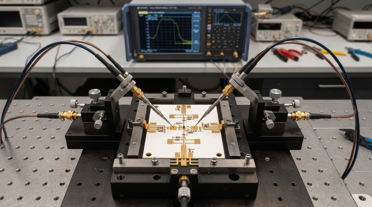 Ceramic PCB under RF probe testing on a vector network analyzer station
