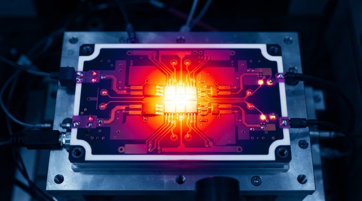Thermal image of a power module on a ceramic substrate showing heat spread