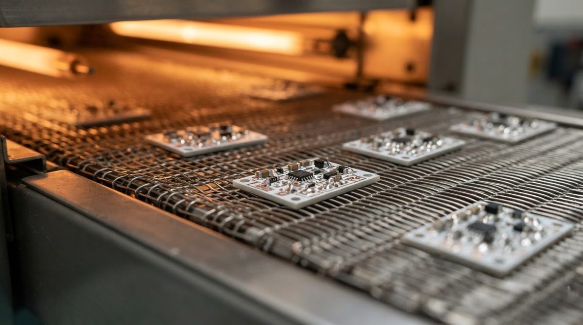 Ceramic boards with soldered components exiting a reflow oven