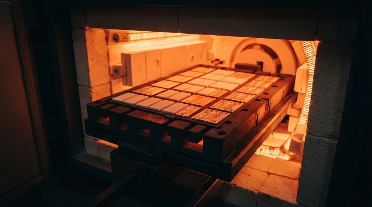 Ceramic substrates inside a DBC copper bonding furnace during processing
