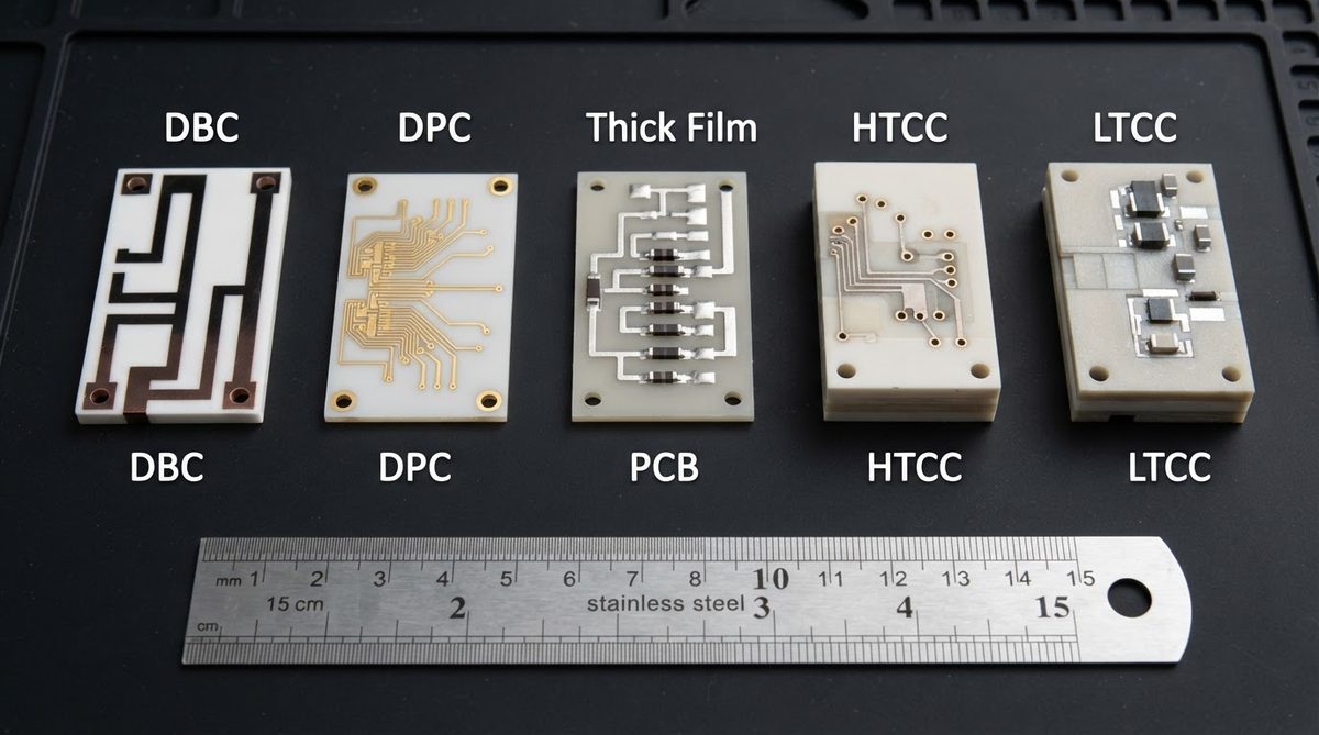 Five ceramic PCB types side by side showing DPC, DBC, thick film, HTCC, and LTCC