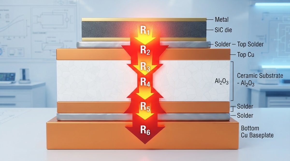 Cross-section diagram of a SiC power module thermal stack-up