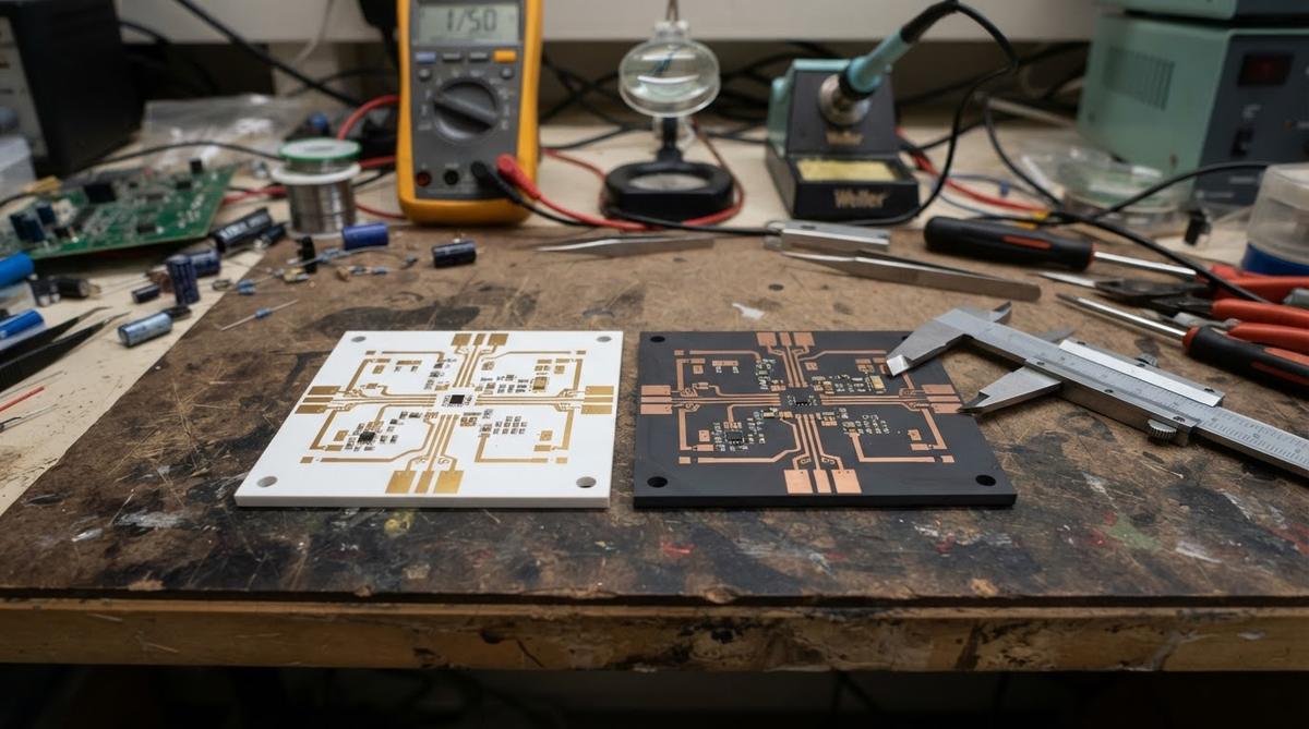 Alumina and aluminum nitride ceramic substrates compared on a workbench