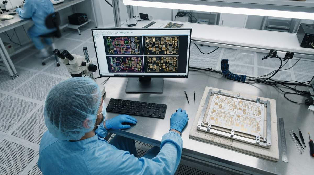 Engineer reviewing Gerber design files next to a ceramic PCB panel
