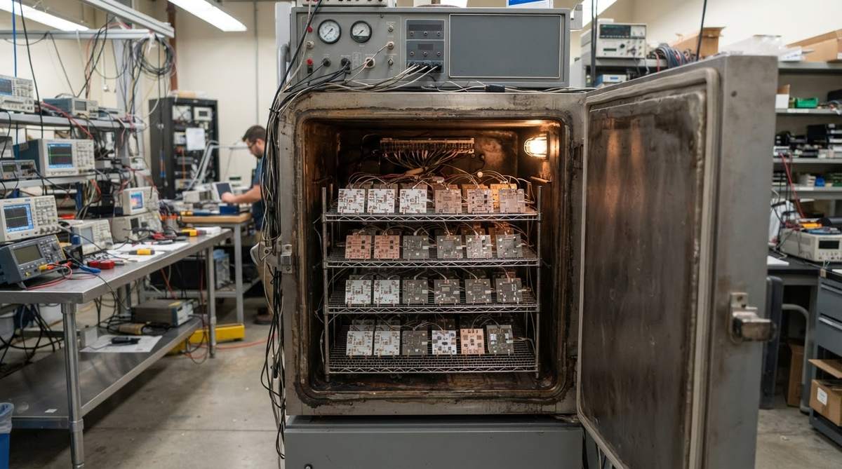 Thermal cycling chamber loaded with ceramic PCB test samples
