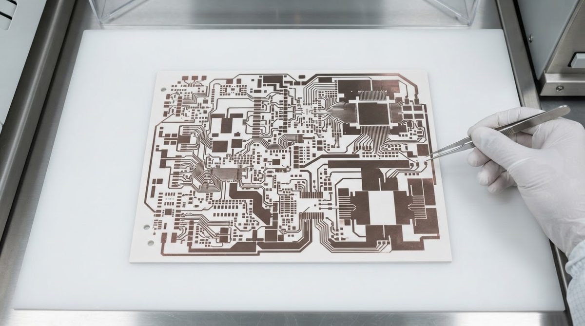 Patterned DBC copper traces on an alumina ceramic substrate panel
