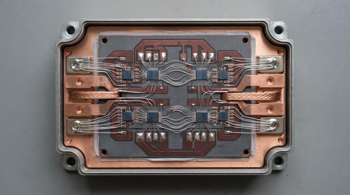 AlN ceramic substrate inside an opened SiC power module with DBC copper and wire bonds