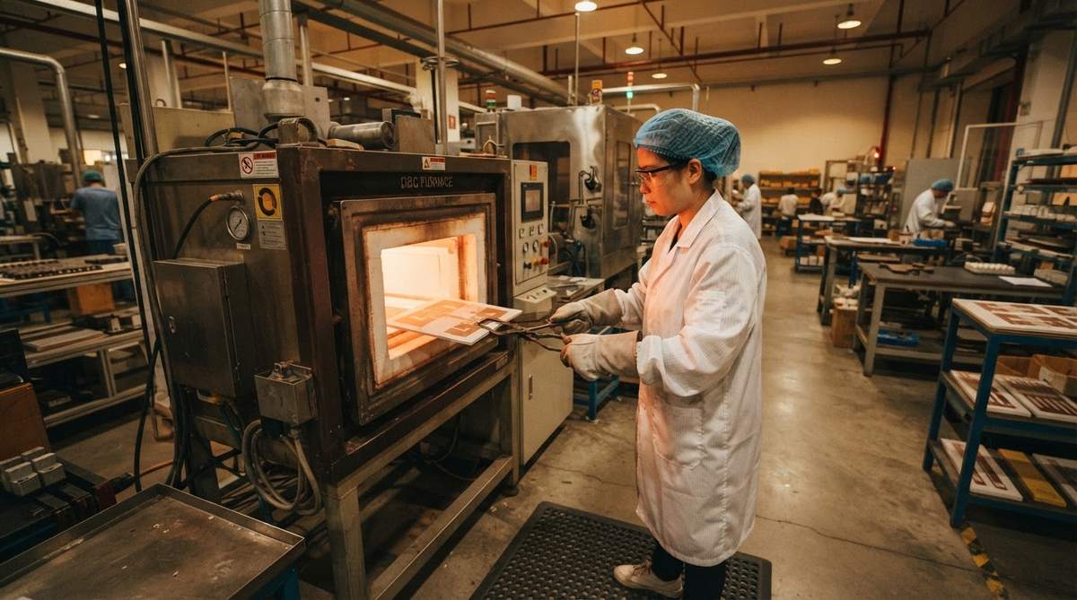 Technician loading a ceramic panel into a direct-bonded-copper furnace