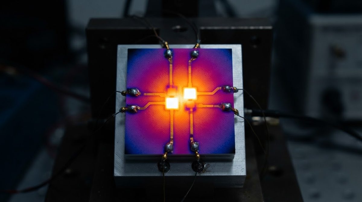 Infrared thermal image showing heat spread across a powered ceramic substrate