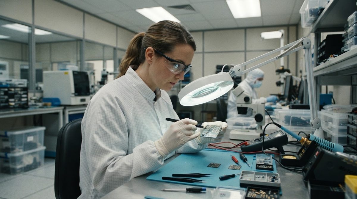 Engineer carefully handling a small ceramic circuit board under magnification