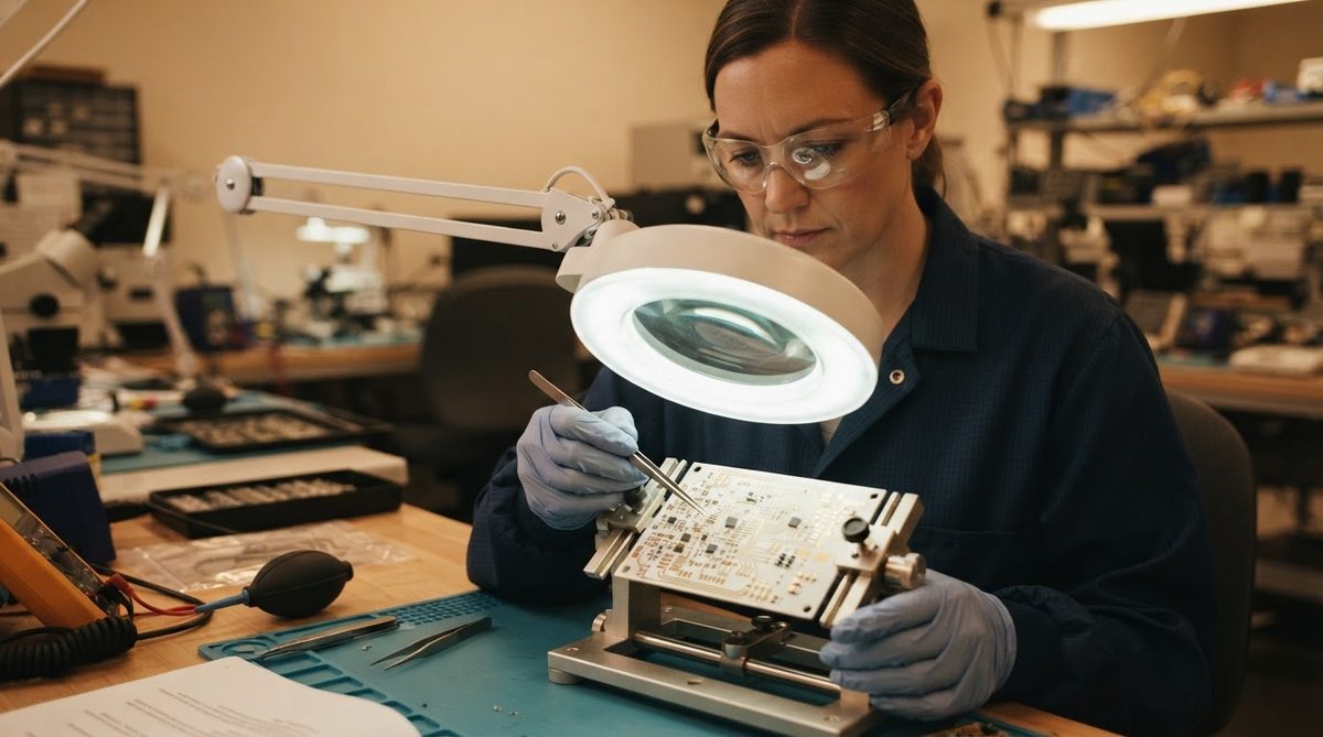 Engineer inspecting a ceramic PCB prototype under magnification during quality control