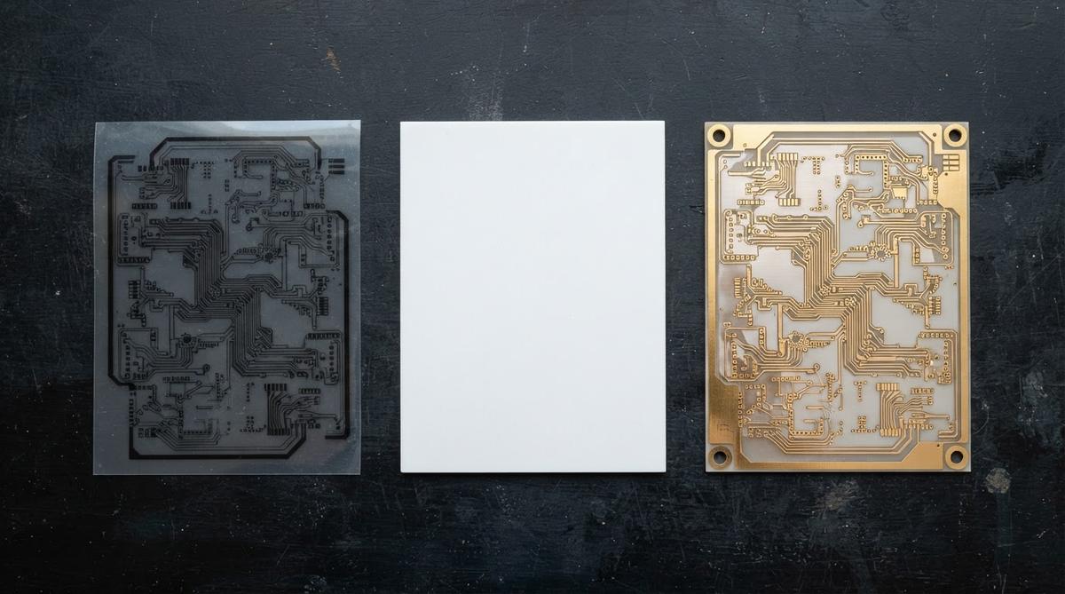 Photomask, bare alumina substrate, and finished ceramic PCB prototype shown side by side