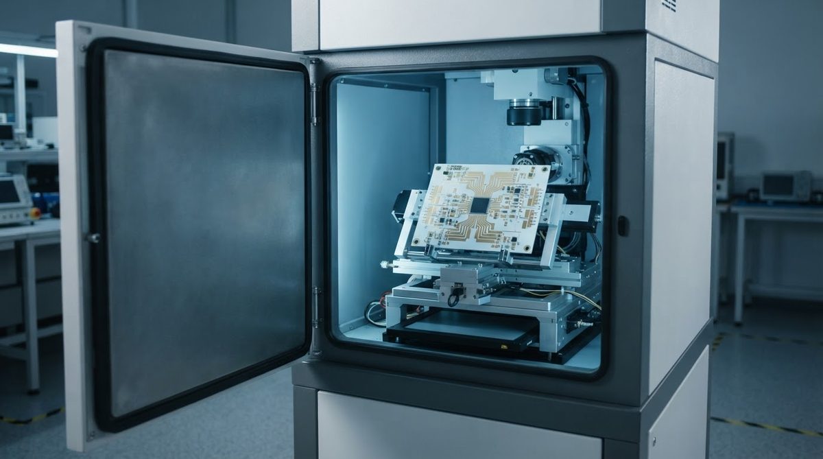 X-ray inspection chamber with a ceramic PCB on the stage