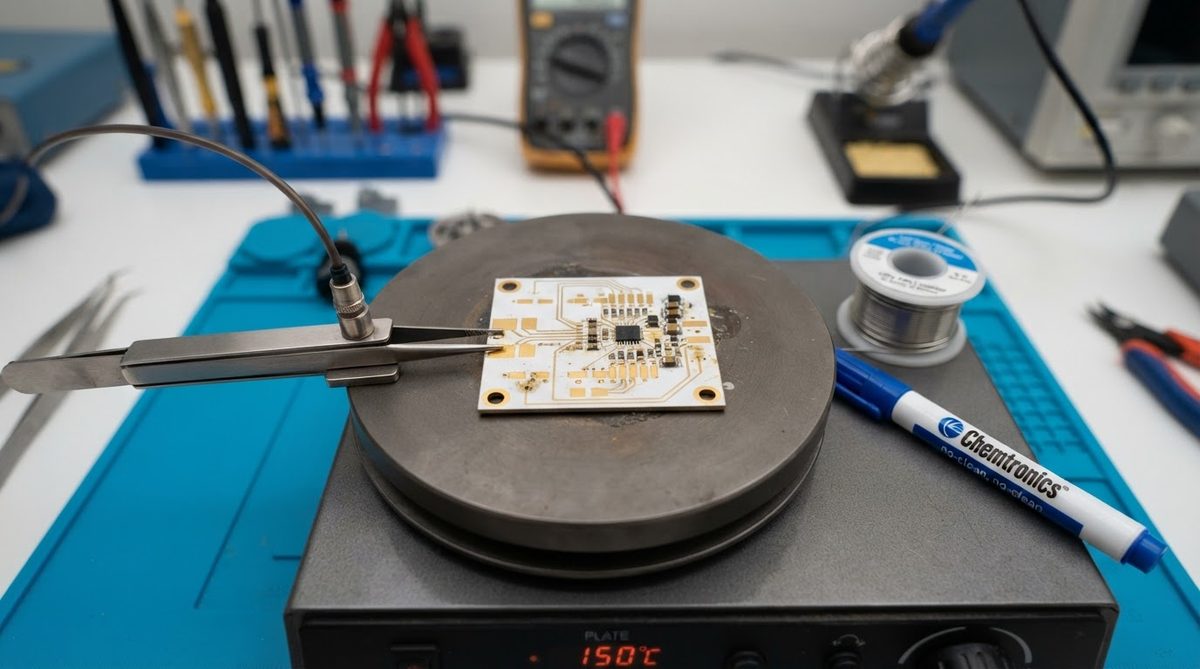 Ceramic PCB held by vacuum tweezers on a hot plate ready for rework