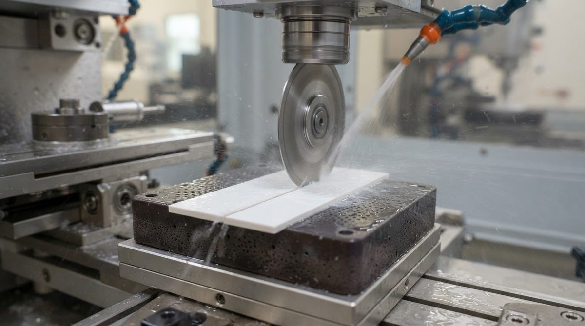 Diamond-wheel saw singulating a ceramic substrate with coolant