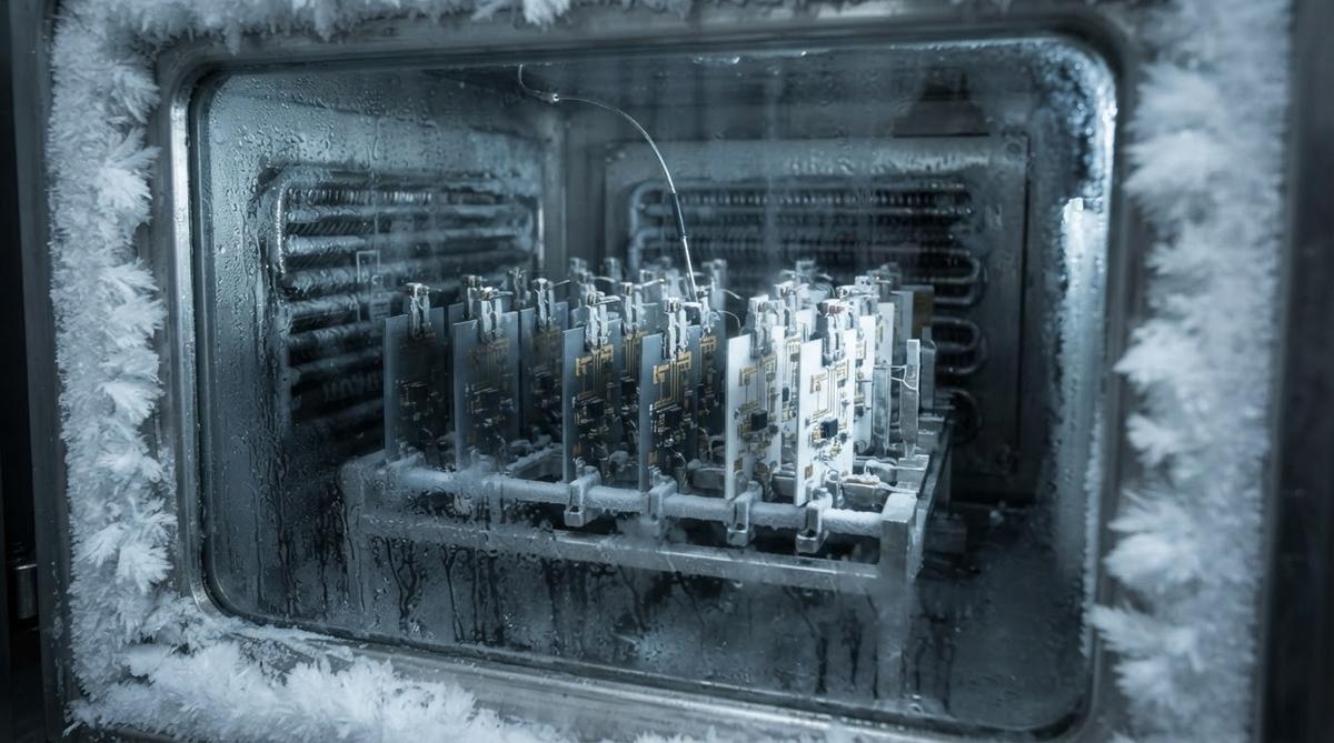 Ceramic PCB samples inside a thermal cycling test chamber during reliability screening
