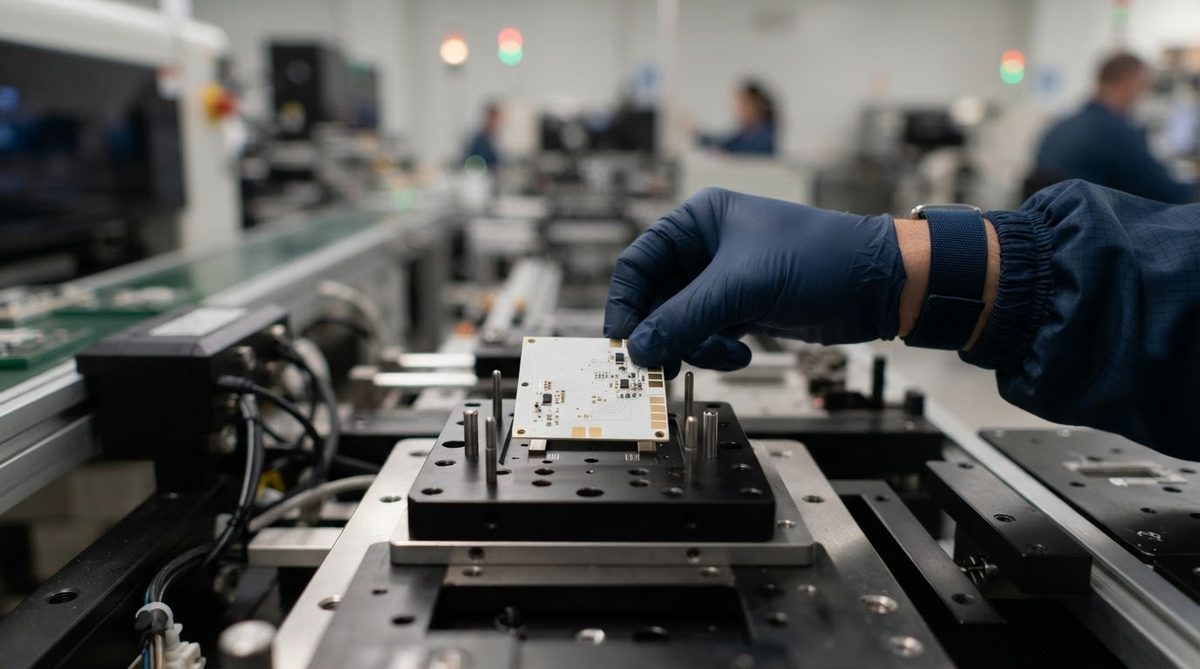 Thin ceramic substrate being placed on a vacuum handling fixture during assembly