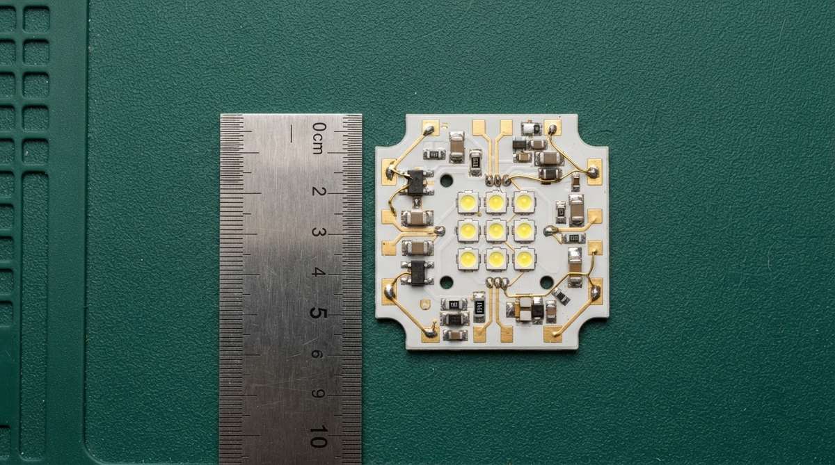 Small populated ceramic LED module shown next to a ruler for size reference