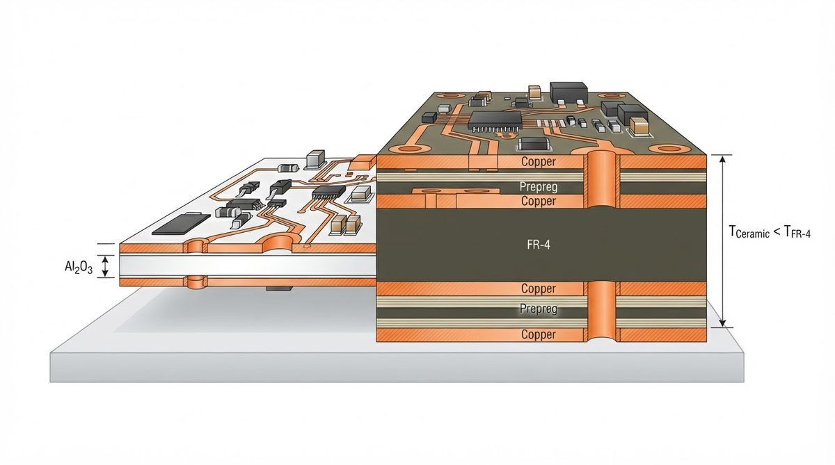 Cross-section diagram comparing ceramic substrate and FR-4 board thickness