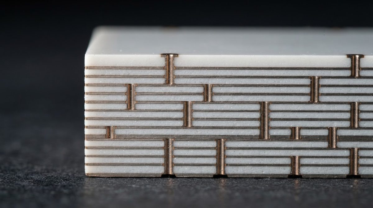 Cross-section of a multilayer LTCC ceramic PCB revealing internal layers and vias