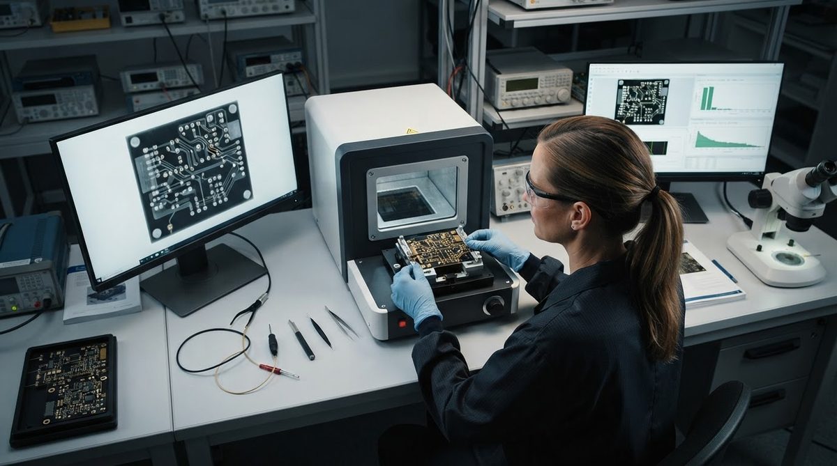 Technician performing X-ray inspection on a ceramic PCB at a quality control station