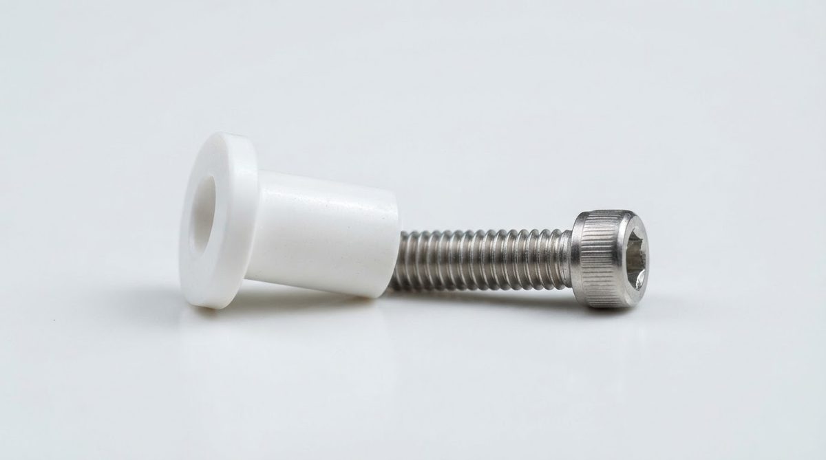 Ceramic shoulder washer bushing next to an M3 bolt showing flange detail