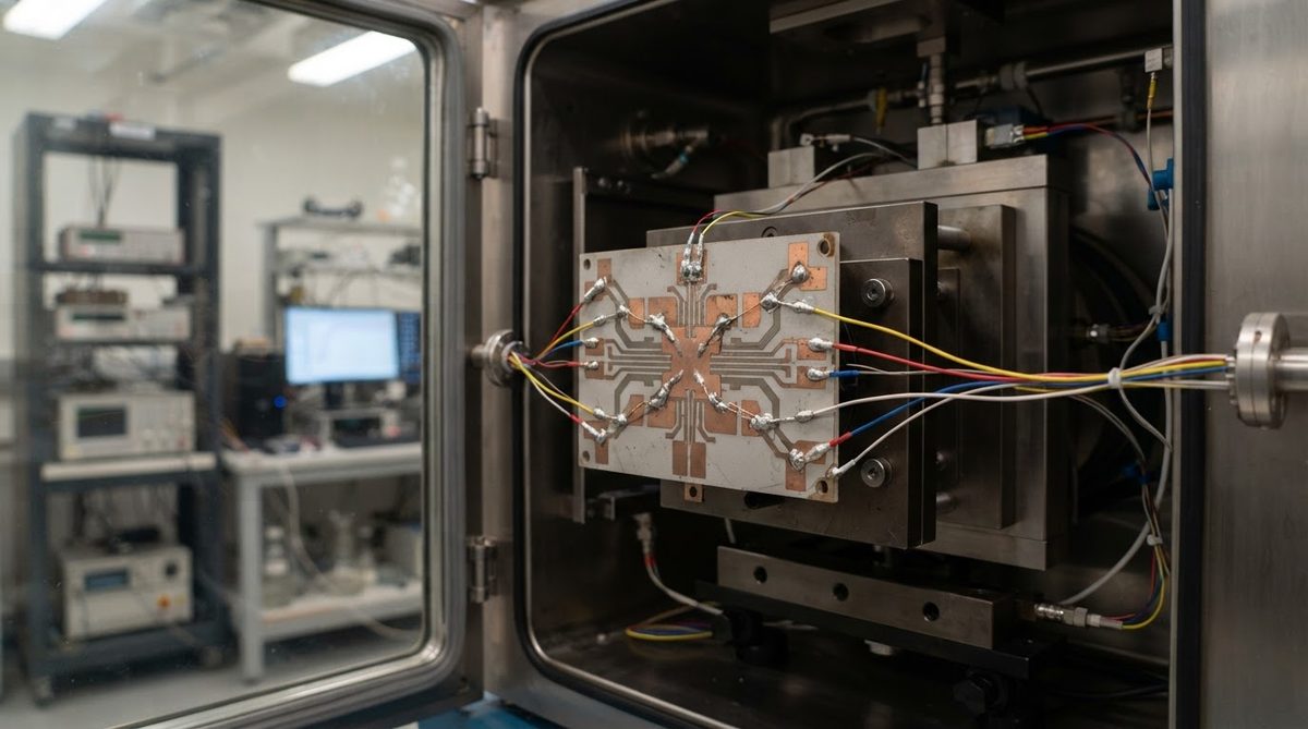 Si₃N₄ AMB power module substrate inside a thermal cycling test chamber with thermocouples
