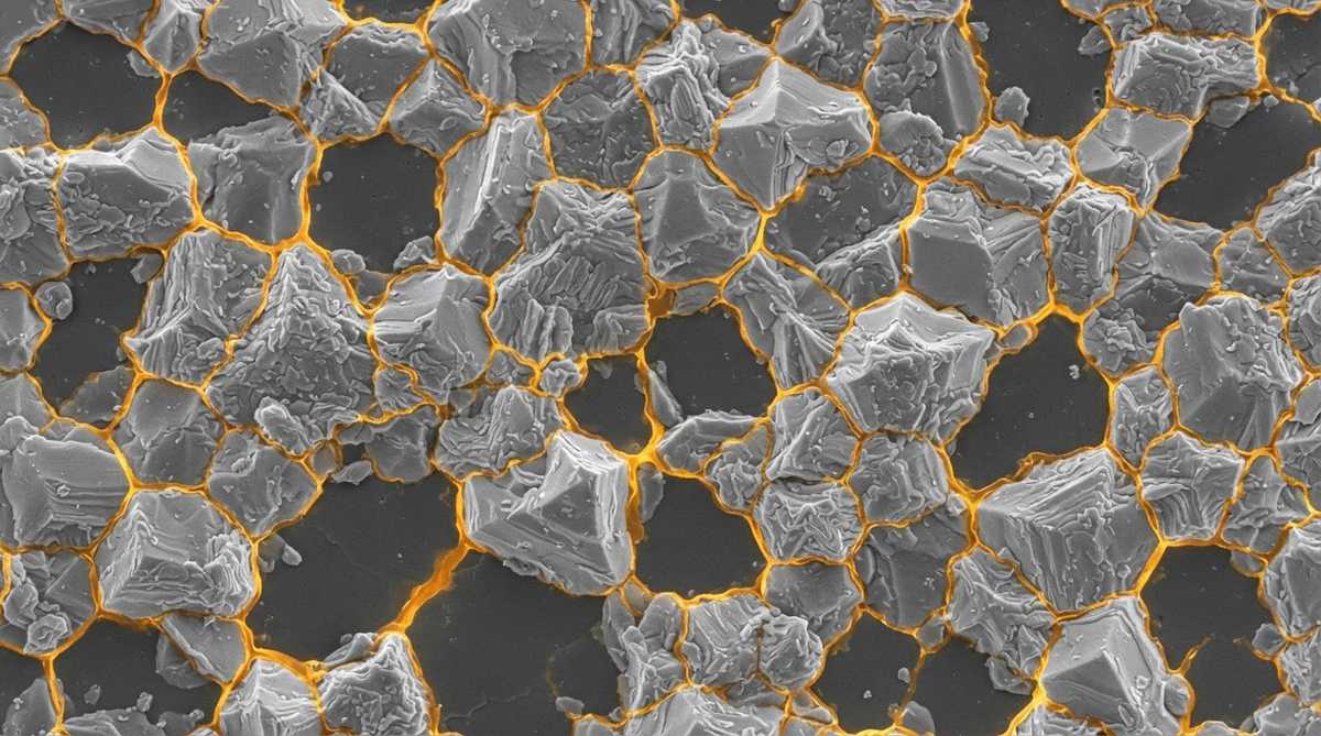 Illustration of alumina grain boundaries showing glassy impurity phase at high magnification