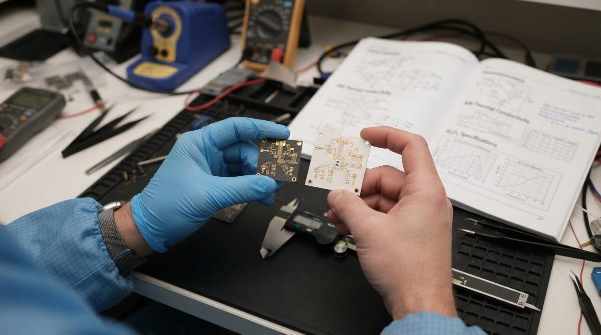 Engineer comparing an AlN substrate with an alumina substrate at a workbench